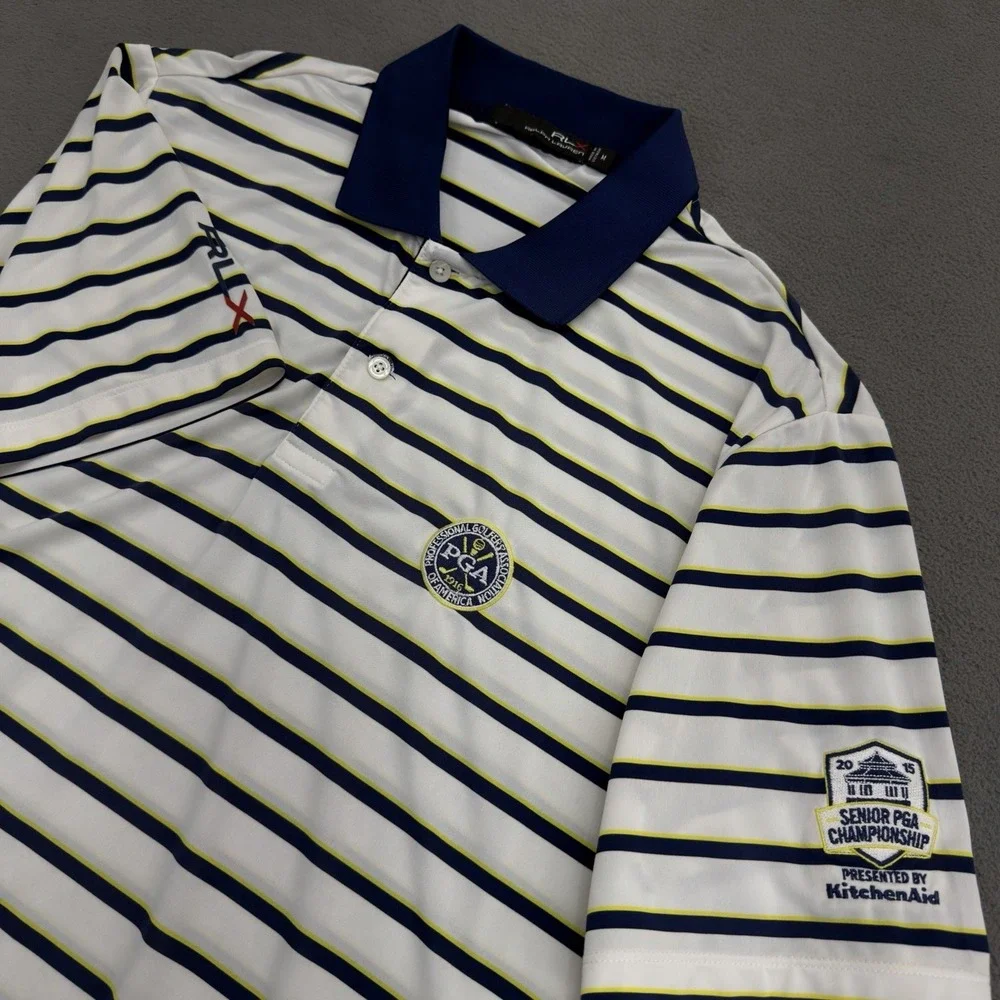 Ralph Lauren RLX PGA Senior Championship Polo Shirt Mens M White Navy Striped